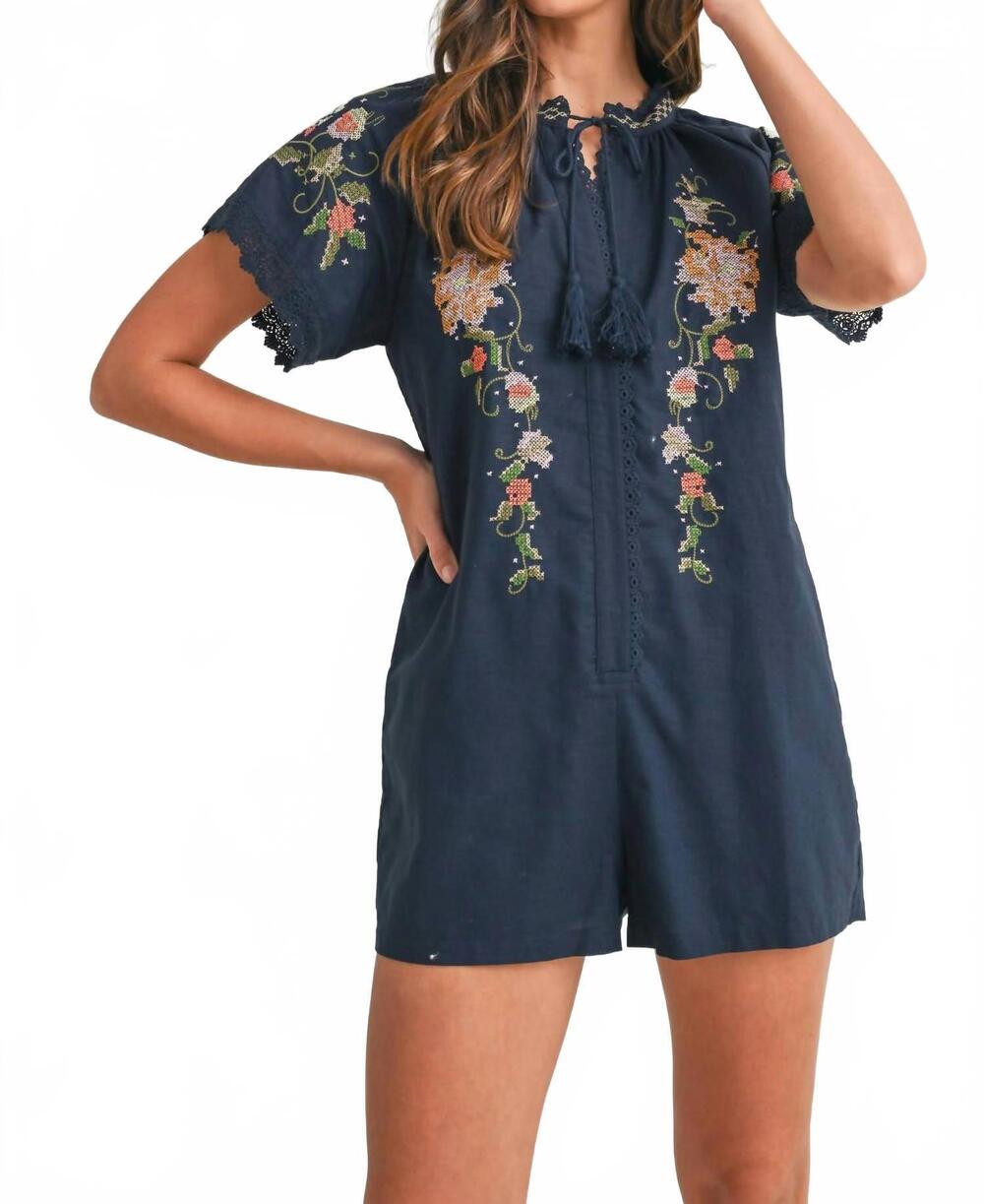 NEW MABLE calypso embroidered short sleeve romper in navy